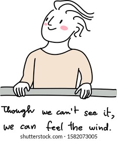 Man standing at balcony, holding balcony railings and feeling the wind blow. Happy man leaning on deck's railing and enjoying the wind blow. Young man standing by balcony railing, looking away.