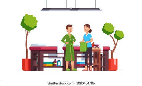 Man standing in bathrobe preparing for oriental spa salon massage talking to masseuse therapist women. Luxury cabinet with benches, plants. Massage room decoration, furniture. Flat vector illustration