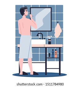 Hombre parado en el baño y cepillo de dientes. Idea de salud e higiene. Ilustración vectorial plana