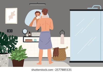 Man standing in bathroom and shaves. Guy looks in mirror. Male character cares for skin of face. Daily hygiene. Home restroom. Everyday routine. Removing bristle. Garish