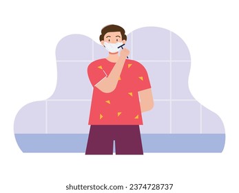 Man standing in the bathroom shaving his mustache with a shaver and cream, daily routine in the bathroom. Character design. Vector flat illustration