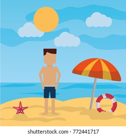 man standing beach with umbrella lifebuoy sea landscape