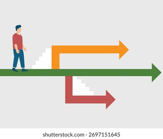 Man Standing Before Multiple Arrows as life and professional opportunities. Career Choice and Direction Concept. Vector illustration