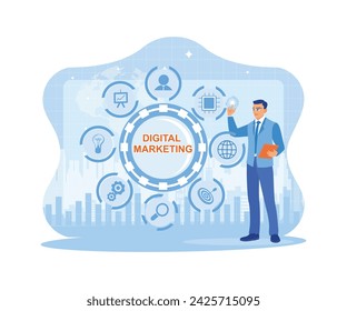 Man standing before a screen against a faint urban background. Business people use tablets to create marketing strategies via social media. Digital marketing networking on modern interface concept. 