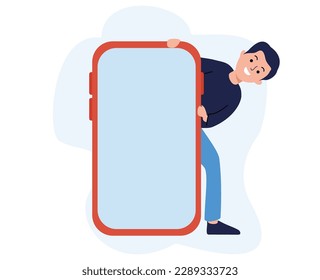 man standing behind big phone template. man holding smartphone