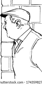 man standing behind a brick wall