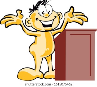 Man standing behind a lectern giving a speech with his hands up. Concept of public, political or celebrity character. Vector available in EPS 10.