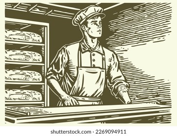 Hombre parado detrás de una mesa con fondo de panadería. Ilustración de grabado de madera de época.