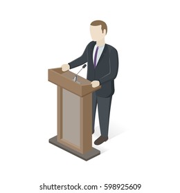 Man standing behind the tribune. Businessman giving a presentation at a podium. Public speaker. Isometric view. Vector illustration.