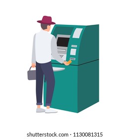 Man standing beside ATM and inserting credit card in slot. Person withdrawing money isolated on white background. Cash withdrawal from automated teller machine. Flat cartoon vector illustration.