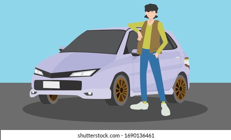 A man standing beside beautiful car and ready to travel.