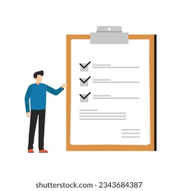 man standing beside giant checklist . Concept of successful task completion, time management. Checklist on clipboard paper. Successfully complete business tasks.