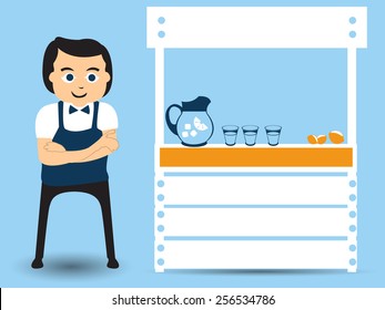 Man is standing beside his lemonade stand - small business flat character design.