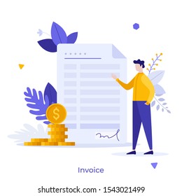 Man Standing Beside Invoice Or Bill And Stack Of Dollar Coins. Concept Of Financial Document, Payment, Business Money Transaction Or Transfer, Finance Calculation. Modern Flat Vector Illustration.