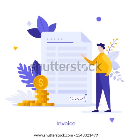 Man standing beside invoice or bill and stack of dollar coins. Concept of financial document, payment, business money transaction or transfer, finance calculation. Modern flat vector illustration.