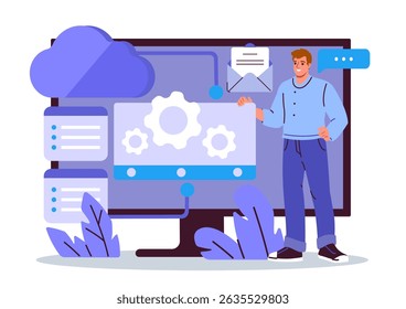 Man standing beside large screen displaying cloud computing interface, with settings icons, email symbol, flat design style, on white background. Concept of cloud system operation. Vector illustration