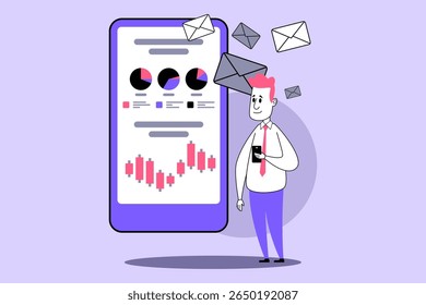 Man standing beside large smartphone displaying charts and graphs, while envelopes floating above, indicating incoming messages