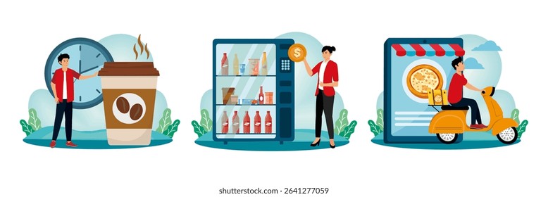  Man standing beside an oversized coffee cup. A person interacting with a vending machine. The machine displays various items for selection.  A food delivery driver riding a scooter.