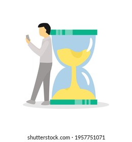 Man standing beside sandglass waiting for parcel he ordered from mobile phone. Waiting goods from online shopping concept