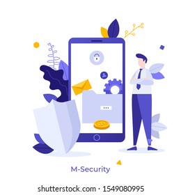 Man standing beside shield and smartphone. Concept of mobile security, application for safety and protection of personal information, secure user data. Modern flat colorful vector illustration.