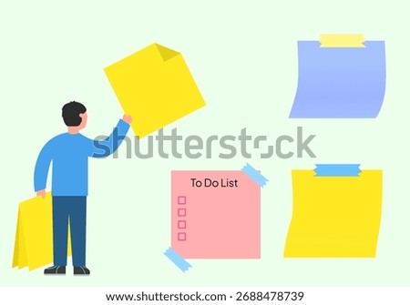 Man standing beside sticky notes. Planning and task management concept. Man organizing sticky notes for project planning