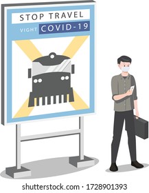 A man standing beside stop travel with train sign illustration