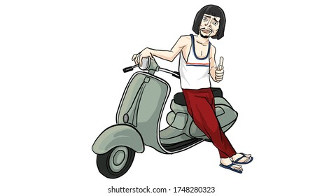 man standing beside vintage scooter action, vector