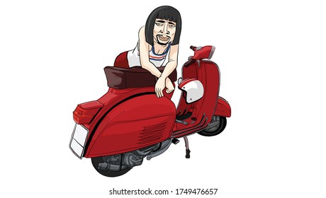 man standing beside vintage scooter action, vector