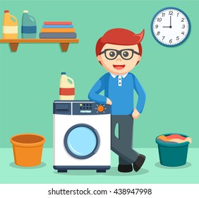 a man was standing beside the washing machine