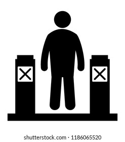 A man standing in between barriers having cross sign representing restricted area 