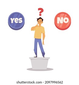 Hombre parado entre botones Sí y No haciendo elección. La persuasión positiva o negativa y la convincente ilustración plana vectorial aislada sobre fondo blanco.