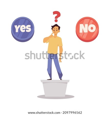 Man standing between Yes and No buttons making choice. Positive or negative persuasion and convincing, flat vector illustration isolated on white background.