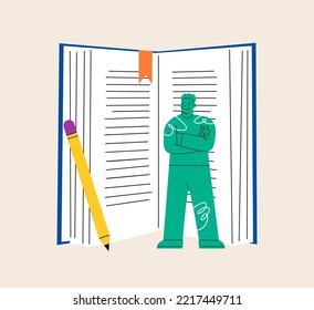 Man standing with big book or diary. Colorful vector illustration
