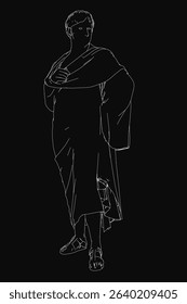 A man is standing in a black background with a white scarf draped over his shoulders. The image has a mysterious and elegant mood, with the man's pose and the scarf adding a sense of sophistication
