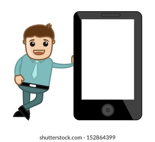 Man Standing With a Blank Tablet Phone Device - Business Cartoon