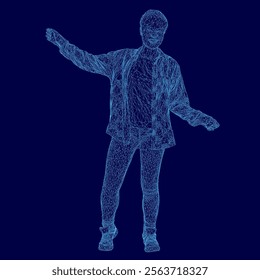 Man is standing in a blue background with a blue shirt. He is wearing a jacket and has a hand raised. The image is a digital of a person in motion