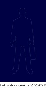 Man is standing in a blue background with a blue suit and a briefcase. The image is a silhouette of a man, with the suit and briefcase visible. Scene is serious and professional