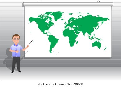 Man standing board presented a world map.