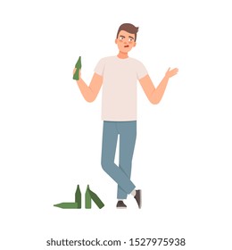 Man is standing with a bottle in his hand, nearby are empty bottles, Alcoholic bad habit illustration vector