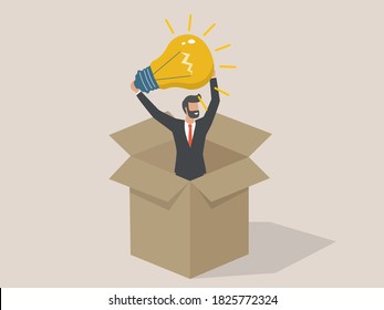 Man standing in box and holding glowing lightbulb. Concept of creative thinking, creativity, innovative idea generation, insigth, technological breakthrough. Modern flat colorful vector illustration.