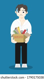 A man standing with a box that holds office equipment after being laid off. Getting fired. flat design cartoon Economic and business concepts. vector, illustration