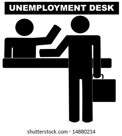 man standing with briefcase at the unemployment desk getting help