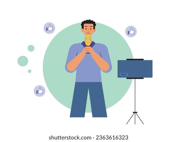 The man standing is broadcasting live blogger on smartphone, online communication. Character design. Vector flat illustration