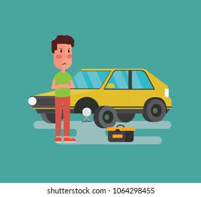 Man standing at broken vehicle on road - Vector illustration in a flat style