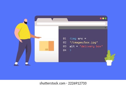 Man standing with browser explain  howto code a web page from easy step 