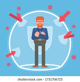 Man standing in a bubble protected from viruses. Virus immunity, protection, vaccine. Minimal design vector illustration