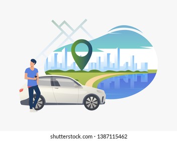 Man standing by car with cityscape in background. Transport, vehicle concept. Vector illustration can be used for topics like business, car sharing service, transportation