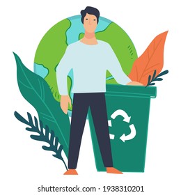 Hombre parado junto a un contenedor de basura con un cartel de reciclaje. El cuidado del planeta Tierra y la protección y reserva de la naturaleza. Conciencia ambiental y ecológica de la persona. Vector de estilo plano