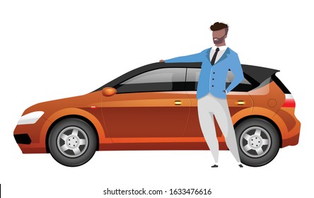 Man standing by hatchback flat color vector faceless character. African american businessman with auto isolated cartoon illustration for web graphic design and animation. Happy family car owner