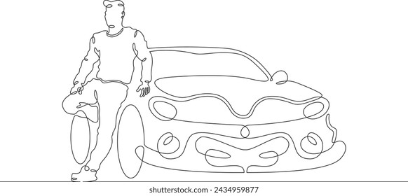A man is standing by his car. A racer next to his racing car. Transport.Automotive.Racing.Sports car. One continuous line . Line art. Minimal single line.White background. One line drawing.